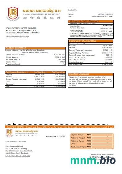 Kambodża Union Commercial Bank wyciąg z kredytu hipotecznego szablon Word i PDF